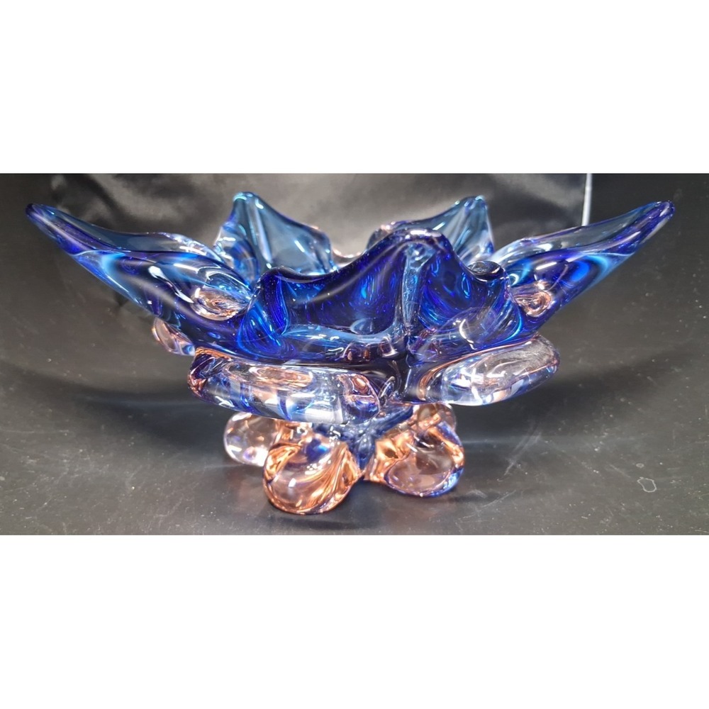 Vintage Murano Sommerso Art Glass Candle Holder, Blue, Clear with Pink Tint